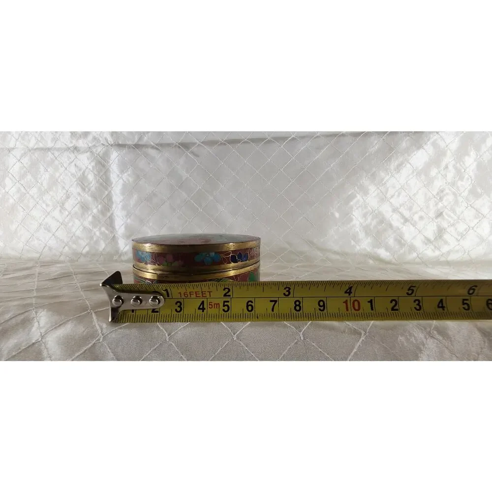 Vintage Chinese Cloisonne Enamel Brass Round Trinket Jewelry Box Floral 3